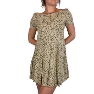 Vintage 1990s Ann Taylor Floral Mini Dress Green Bouquet Print Smocked Back 10P